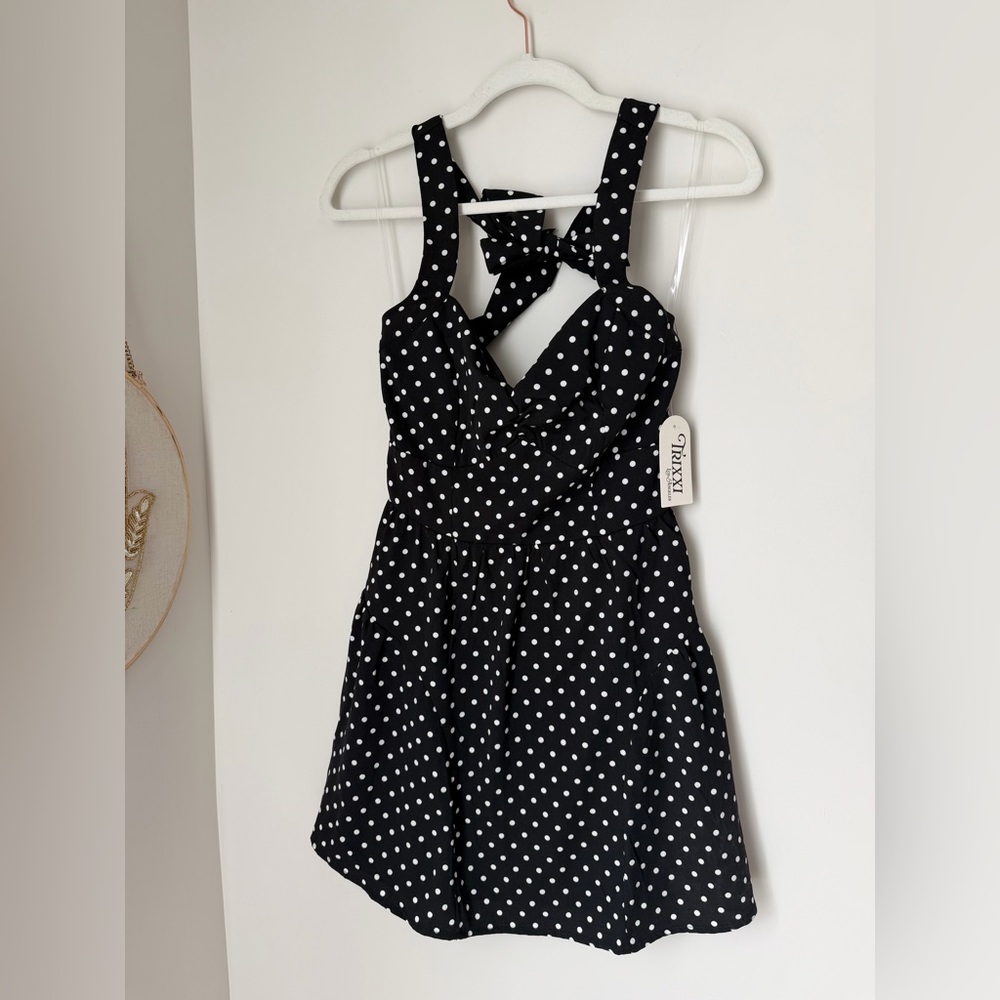 Viral Trixxi Black and White Polka Dot Halter Mini Dress